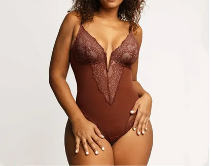 V Neck Lace Shapewear Bodysuit Thong