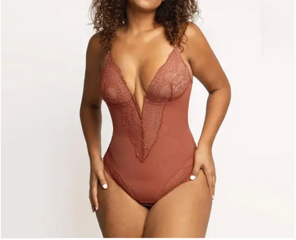 V Neck Lace Shapewear Bodysuit Thong