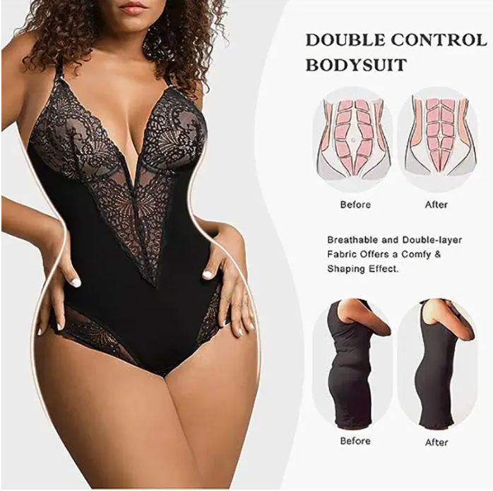 V Neck Lace Shapewear Bodysuit Thong