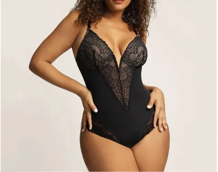 V Neck Lace Shapewear Bodysuit Thong