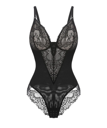 V Neck Lace Shapewear Bodysuit Thong